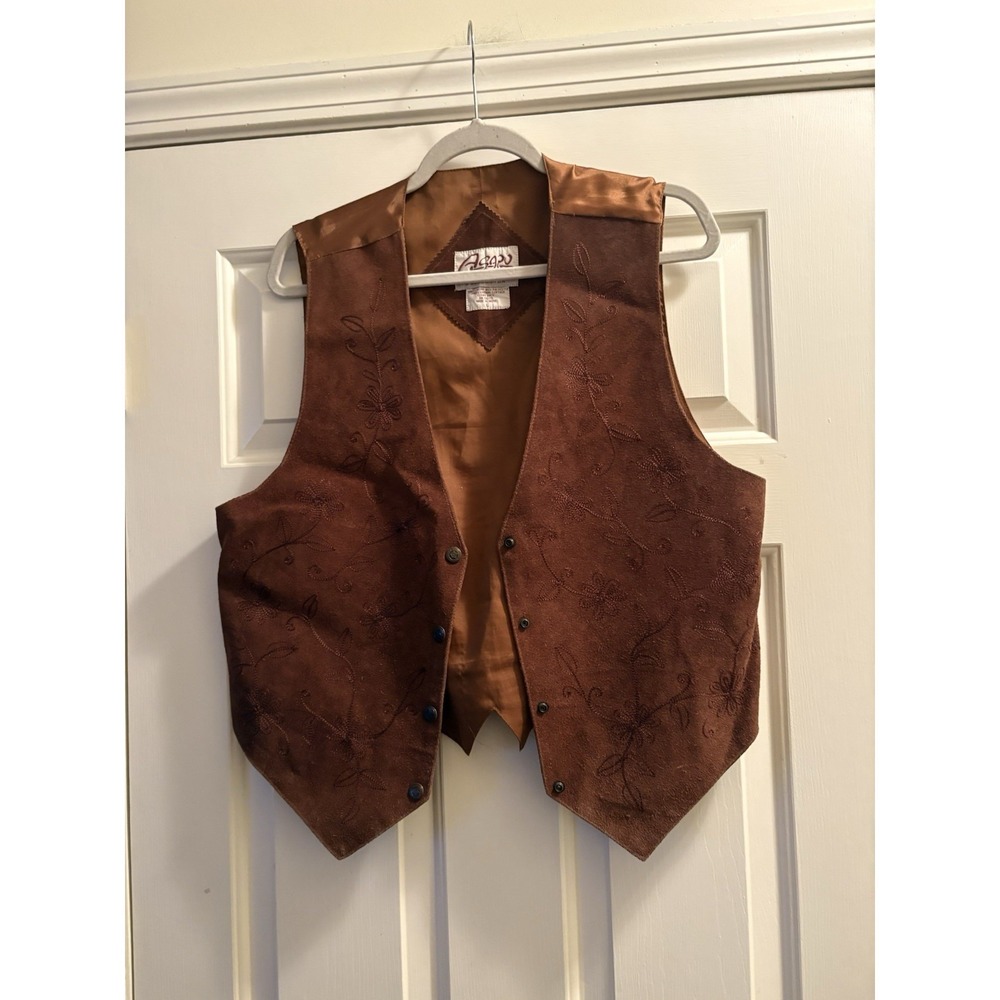 Vintage Agapo Collection Size Large Embroidered Brown Suede Leather Vest - Picture 3 of 7